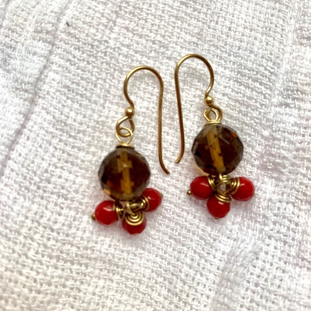 Dangly Purple-Brown and Red Earrings, Gold Findings
